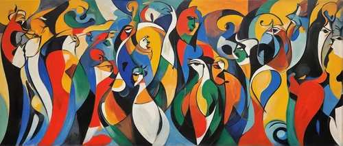 colorful birds,toucans,group of birds,flock of birds,seabirds,king penguins,pentecost,migratory birds,abstract painting,migration,bird migration,sea birds,indigenous painting,puffins,the birds,bird painting,african art,abstract cartoon art,seabird,songbirds,Conceptual Art,Oil color,Oil Color 24