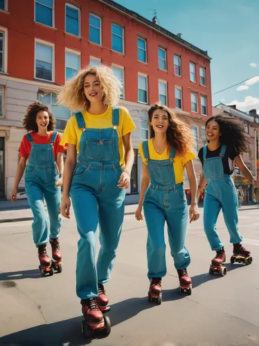 A group of friends rollerblading through a vibrant urban landscape, wearing overalls and listening to '90s pop.,girl scouts of the usa,sewing pattern girls,girl in overalls,little girls walking,childr