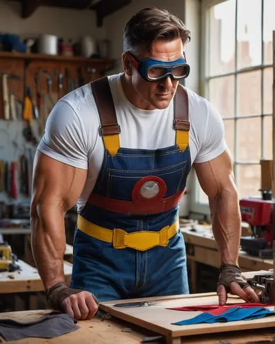 Middle-aged man, muscular build, standing, workshop, superhero suit maker, rugged facial features, short brown hair, goggles on forehead, leather apron, white shirt, blue jeans, tool belt around waist