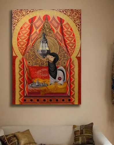 the painting hangs on the moroccan wall,indian art,interior decor,bohemian art,indigenous painting,interior decoration,wall decor,khokhloma painting,airbnb icon,wall decoration,african art,boho art,co