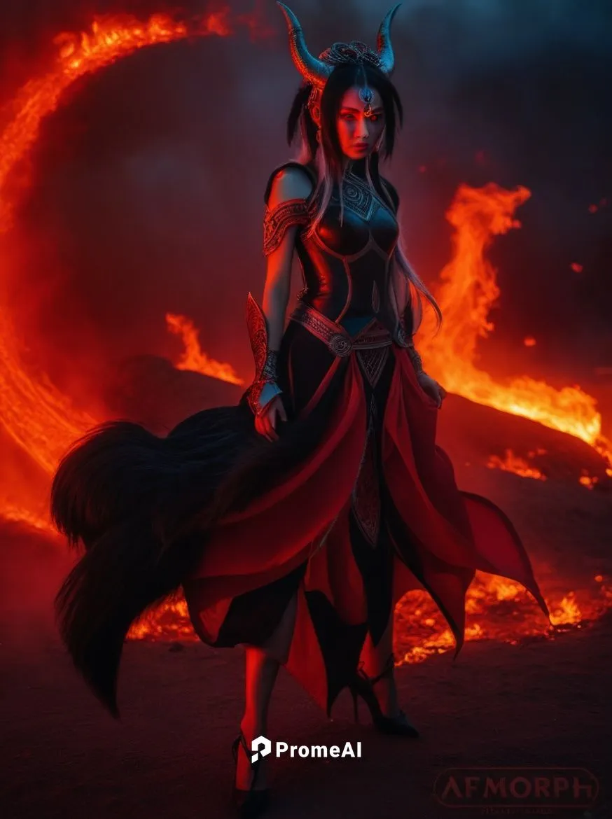 Una chica joven demonio con un cuerno en la frente ojos rojos pelo negro animal que emanan un aura de fuego rojo su mirada fría y penetrante ,abaddon,fire siren,alifirenko,cinder,hela,sorceror,niobe,a