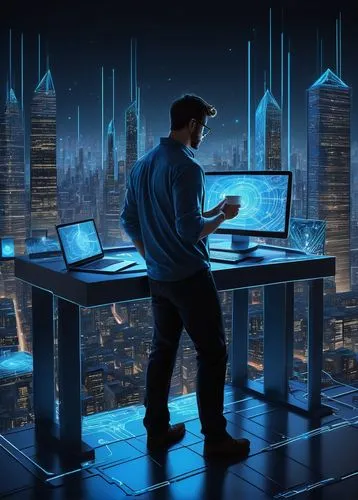 man with a computer,cybertrader,cybercity,cybersquatters,cyberscene,cybertown,cyberport,cybernet,computerization,computer room,computerologist,computerworld,cyberview,computer graphic,night administrator,sci fiction illustration,cios,cybersurfing,cybercriminals,computer workstation,Illustration,Black and White,Black and White 08