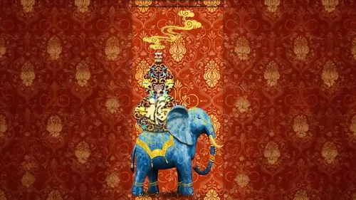 a large, intricately designed elephant with elaborate detailing stands on a wall, facing an upward angle,haribhadra,carousel horse,chhinnamasta,fire horse,perahera,dussehra