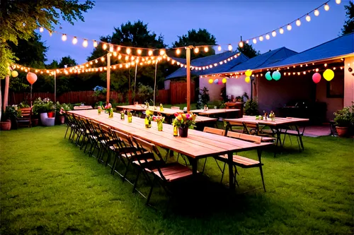 Backyard party, night scene, string lights, lanterns, colorful balloons, wooden tables, folding chairs, wine glasses, cocktail umbrellas, BBQ grill, smoking meat, green grass, vibrant flowers, warm li