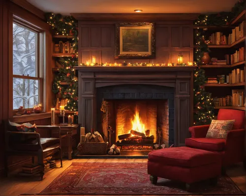 christmas fireplace,christmas room,warm and cozy,fireplace,fire place,fireplaces,christmas scene,christmas landscape,christmas wallpaper,yule log,christmas motif,vintage christmas,christmas decor,bookshelves,festive decorations,christmas vintage,sitting room,winter house,log fire,christmas room living room,Illustration,Realistic Fantasy,Realistic Fantasy 18