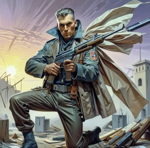 the man in uniform with two guns is holding a large gun,richthofen,velikov,kommissar,mordenkainen,raikov,skotnikov