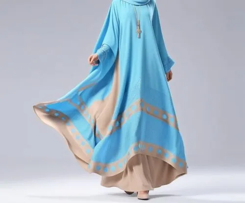 3d fashion drawing for Muslim hijab with 4k with loose design with  with suede with dots with ،with light blue with 3d drawing ,woman in blue and brown abab dress,abayas,abaya,tahiliani,kurung,caftan,