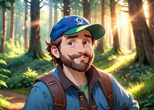 A 40 year old man, he is a forester, he is wearing a blue cap with a logo on it, his beard is chesnuts colored, he is wearing forester clothes green and brown colored, he has a few rickles on his face