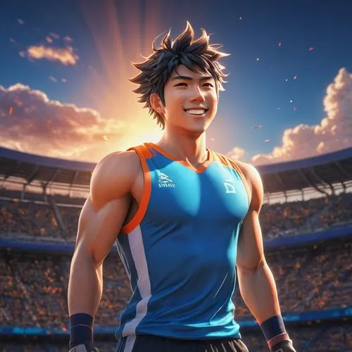 a smiling man in a stadium wearing an athletic outfit,toriko,uchimura,daesung,ryu,katsuyori,somdev,Photography,General,Fantasy