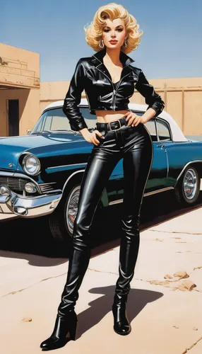 sandy , an 18-year-old sex character from grease, wearing a  outfit of her character,muscle car cartoon,buick electra,ford thunderbird,connie stevens - female,pontiac tempest,dodge la femme,buick cent