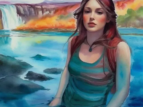 beautiful lady swimming, long hair , white vest in the water, wide view with waterfalls and green forest abanding,this painting shows a  standing in water and looking up to the sky,melisandre,illyria,