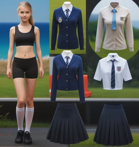 Paper doll British school girl in black sleeveless shirt ,black tight fit spandex shorts with black sock and black shoe standing surrounded by with a set of british school uniform, shirt, grey pleated