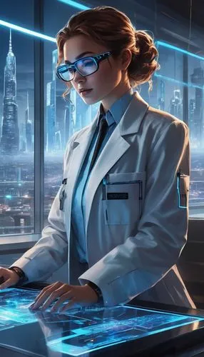 female doctor,women in technology,sci fiction illustration,theoretician physician,girl at the computer,consultant,cyber glasses,scientist,electronic medical record,pathologist,spy-glass,sci fi surgery room,researcher,engineer,laboratory information,symetra,pandemic,biologist,cg artwork,night administrator,Unique,Design,Character Design