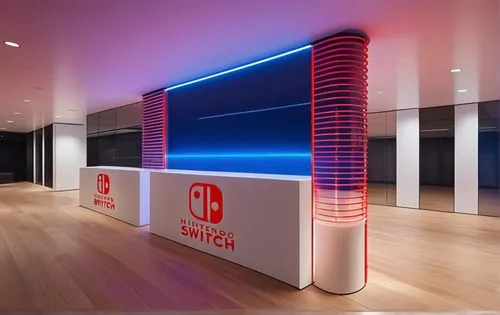 Pop-up exhibition space using red and blue colors, wood floor,
Clean, minimalist modernist design, utilizing the shape of vertical lines, the lighting is a purchase lights that emits soft light using 