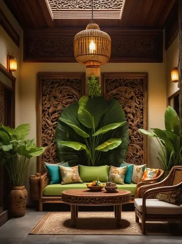 amanresorts,javanese traditional house,riad,anantara,interior decor,cabana,tropical house,interior decoration,ubud,shangri,betel palm,patterned wood decoration,banana leaf,asian architecture,tropical greens,philodendron,banya,palm leaves,kanaloa,sitting room,Art,Classical Oil Painting,Classical Oil Painting 35