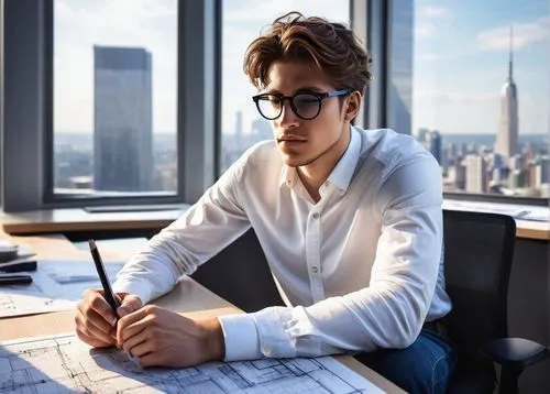 Young male architect, sitting, crossed legs, black glasses, messy brown hair, casual white shirt, rolled up sleeves, dark blue jeans, Adidas sneakers, holding a pencil, with a blueprint on the desk, m