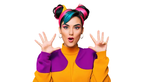 Cartoonish, comedic effect, exaggerated facial expression, bright colorful skin tone, goofy hairstyle, oversized accessories, bold eyeliner, vibrant clothing, playful pose, dynamic composition, shallo