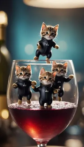 A cluster of micro-cats wearing wetsuits diving in a glass wine cup ,grape catnip,sangria,port wine,wine cocktail,merlot wine,cocktail garnish,mulled claret,champagne cocktail,cocktail glasses,raspber