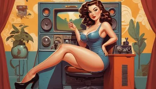 illustration cartoon poster propaganda, a single beauty girl, curvy body huge chest large brunette, sitting in joystick poster propaganda, tiny dress clothes, cartoon pin up girl retro style, rusty ba