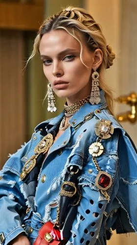 Fashion show ,the model is wearing a denim jacket and matching accessories,galliano,schiaparelli,moschini,khnopff,embellished,gabbana,Photography,General,Realistic