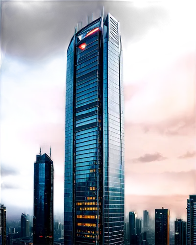 Impossibly tall skyscraper, futuristic architecture, sleek glass and steel materials, intricate structural details, dramatic evening lighting, panoramic view, atmospheric mist, cinematic composition, 