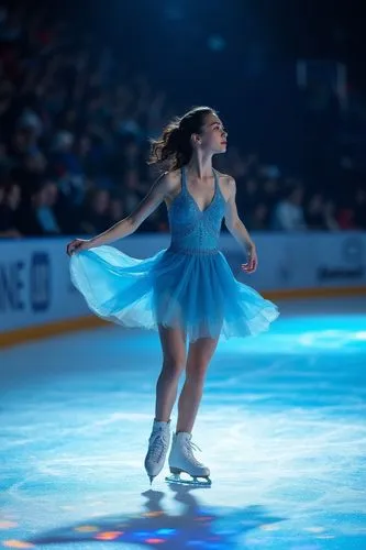 The image captures a halfbody closeup photo of figure skater in action on an ice rink. The focus is squarely placed on the female athlete, who appears to be performing during her routine with grace an