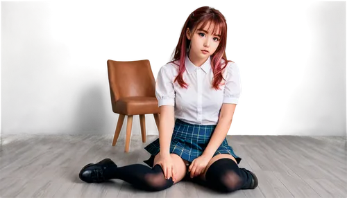 sitting on a chair,red-haired,girl sitting,uji,anime japanese clothing,redhair,redhead doll,red hair,sakura,sitting,school skirt,cross-legged,cross legged,mikuru asahina,schoolgirl,portrait background,anime girl,realdoll,mari makinami,school uniform,Conceptual Art,Oil color,Oil Color 24