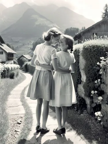 vintage boy and girl,vintage children,sound of music,murnau,vintage girls,little girls walking,Photography,Black and white photography,Black and White Photography 02