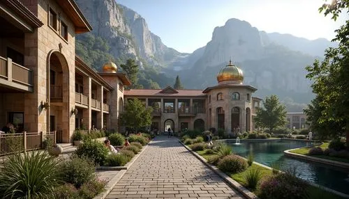 rivendell,theed,sansar,dorne,monasteries,monastery,broadmoor,naboo,amanresorts,mountain settlement,cryengine,dragon palace hotel,kotor,render,monastery garden,shambhala,house in the mountains,riftwar,decani,3d rendering