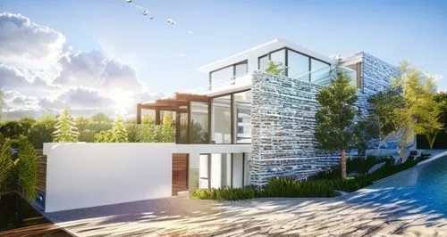 glas reflection, modern luxury house, modern white facade, wood sun protection, 
,modern house,dunes house,3d rendering,modern architecture,cubic house,glass facade,smart house,eco-construction,luxury