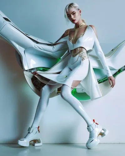 full body crop fashion shoot in studio futuristic set environment with props , a robot girl super model with futuristic look and white glossy outfit, eyes looking at viewer, glossy props, collarbone, 