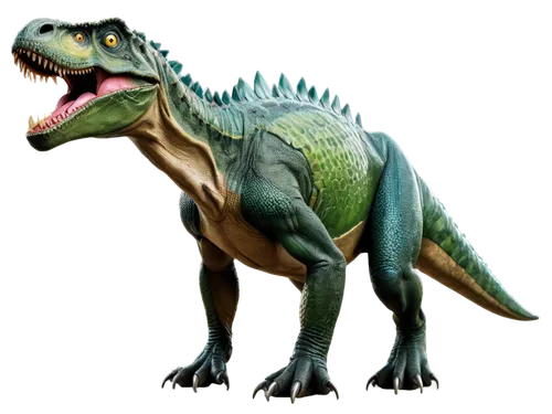 Tyrannosaurus Rex, green scaly skin, sharp teeth, fierce eyes, powerful legs, strong tail, rugged texture, daytime scene, warm lighting, 3/4 composition, shallow depth of field, cinematic color tone, 