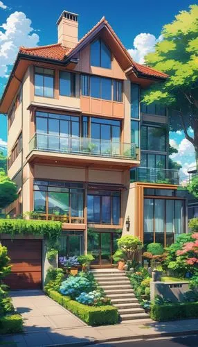 modern house,house by the water,dreamhouse,beautiful home,ghibli,forest house,private house,residential,country estate,frame house,zoku,apartment house,sky apartment,kyokai,sylvania,violet evergarden,home landscape,house,butka,residential house,Illustration,Japanese style,Japanese Style 03