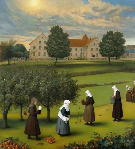 nuns,mennonites,benedictines,agricultural scene,church painting,mennonite