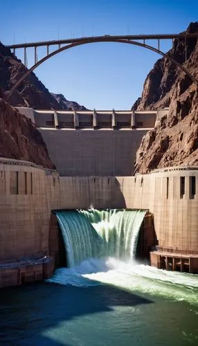 Hoover Dam, architectural wonder, Art Deco style, grand scale, concrete arch-gravity dam, Colorado River, Arizona-Nevada border, majestic water flow, turbulent whitewater, rugged rocky cliffs, blue sk