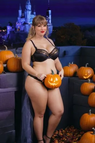 a bra,BIG BOOBS,BBW,ХЕЛОИН,ТИКВИ,,a woman in black lingerie with pumpkins in front of a castle,pumpsie,kirdyapkin,pumpkins,halloween scene,bbw,halloween candy