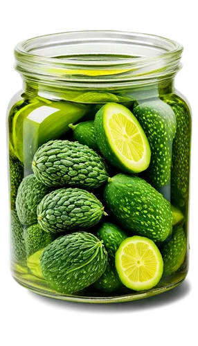 Dill pickle, green skin, prickly texture, juicy flesh, sliced wedges, transparent jar, glass container, wooden table, natural light, shallow depth of field, warm color tone, appetizing composition.,cu