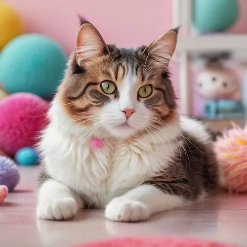 goofy ahh cat, cute facial expression, fluffy whiskers, bright shiny eyes, pink nose, adorable ears, soft fur texture, playful pose, sitting on floor, paws curled up, colorful toys scattered around, c