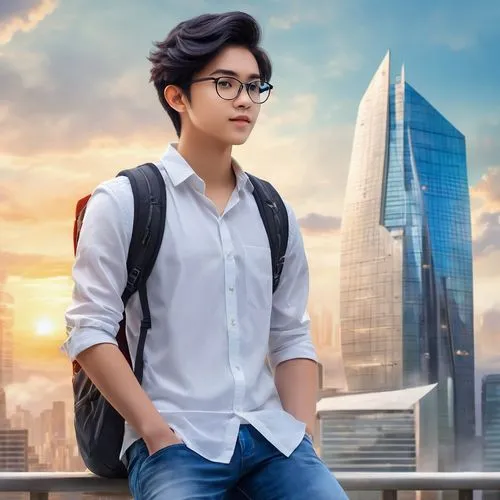 Architecture senior, high school student, male/female, serious expression, glasses, messy black hair, casual wear, white shirt, blue jeans, sneakers, backpack, holding architectural model, standing/si