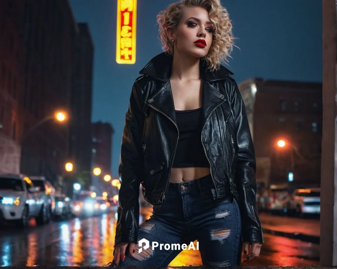 Mercy, sexy lady, solo, (25yo), bold red lips, smoky eyes, curly blonde hair, tattoos on shoulder, black leather jacket, ripped jeans, high heels, confident pose, city street, night, neon lights, rain