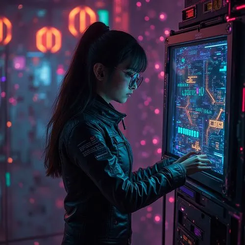 girl, ,the woman is looking at her computer screen,girl at the computer,cyberpunk,cyberia,cyber,arcade games,cyberscene