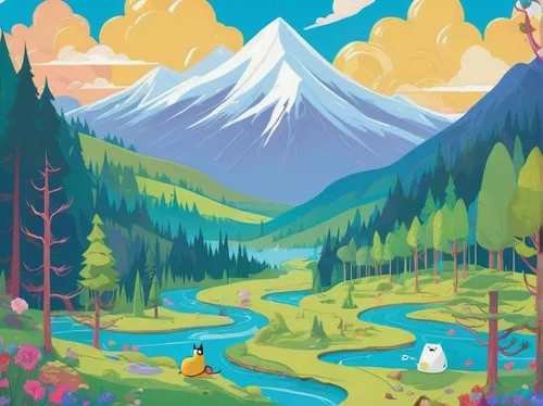 mountain scene,cartoon forest,mountain world,mountain landscape,mountain meadow,mountains,travel poster,forest animals,unicorn background,landscape background,high mountains,children's background,owl background,mountain,cartoon video game background,salt meadow landscape,mountainous landscape,alaska,digital background,mountain range,Illustration,Retro,Retro 20