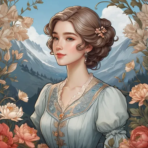 Design an elegant and sophisticated Discord profile picture with a floral background.,jane austen,victorian lady,rose flower illustration,flora,fantasy portrait,romantic portrait,eglantine,flower and 