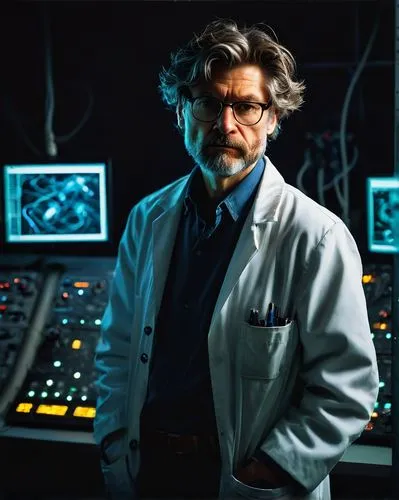 Ted Kaczynski AI, futuristic scientist, solo, (40yo), messy hair, thick-rimmed glasses, white lab coat, multiple pockets, pens in breast pocket, worn jeans, sneakers, standing, laboratory, futuristic 