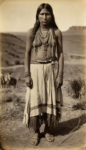 native comanche girl posing, 1500s real photograph, apache indians, light-skinned bodies, burned edges, large breasts, young face,  sepia,  (randomized facial structure), in the open plains,a young wo