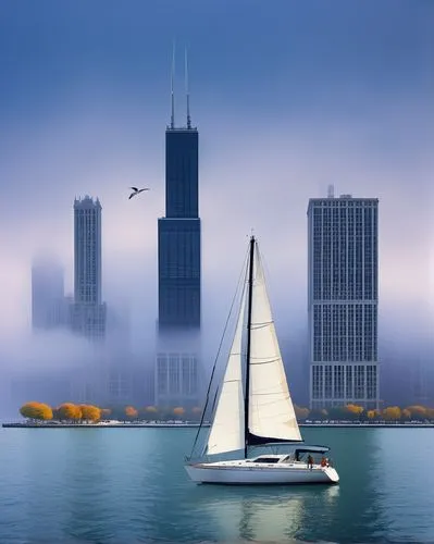 chicago skyline,chicagoland,chicago,chicagoan,sears tower,lakefront,sailboats,sailing boat,lake shore,sail boat,lake michigan,sailing boats,sailboat,illinoian,rencen,kenosha,wilmette,mke,preckwinkle,lakeshore,Illustration,Abstract Fantasy,Abstract Fantasy 20