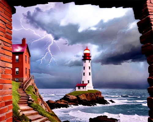 Lighthouse, stormy weather, towering structure, rugged coastline, crashing waves, lightning flashing, strong winds blowing, misty atmosphere, worn stone walls, lantern room glass shattered, rusted met