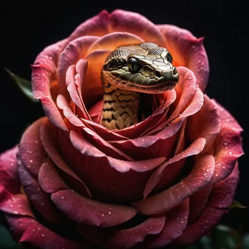 A snake made of roses, its head is like a rose bud, black background, intense volumetric rays of light from above, Canon EOS-7D X Mark II shallow depth of field ,romantic rose,dried rose,rose png,rose