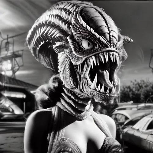 Film screencap of Sil from Species in the style of a 1950s B-movie monster, in the style of Paul Blaisdell, Roger Corman, AIP, NSFW,,reptilians,gorgon,alien,alien warrior,iridigorgia,aliens,reptilian,