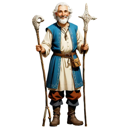 Shepherd, cartoon style, smiling face, bright eyes, white hair, beard, rustic clothes, worn boots, holding shepherd's staff, standing, gentle pose, warm lighting, soft focus, whimsical atmosphere, col